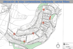 Mapa con la ubicación de contenedores de basura selectiva en el sector Sant Pere de Ribes de Vallpineda.